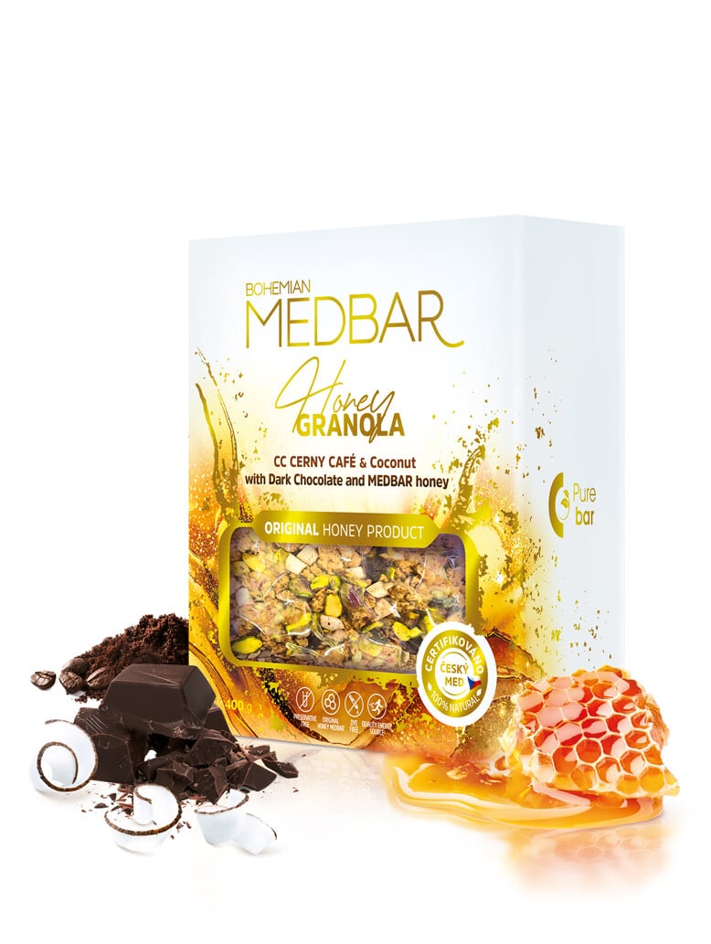 MEDBAR Medová granola s kávou CC CERNY CAFÉ, kokosom, horkou čokoládou a medom MEDBAR